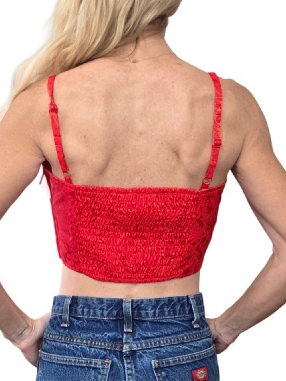 Sugar Thrillz Red Satin Corset Crop Top Lace Jacquard Bustier M - Picture 4 of 7